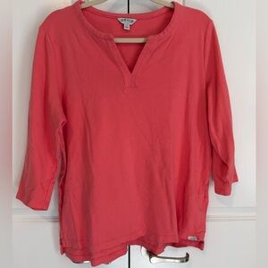 Orvis Women’s Large Coral Split Neck 3/4 Sleeve Cotton Knit Top